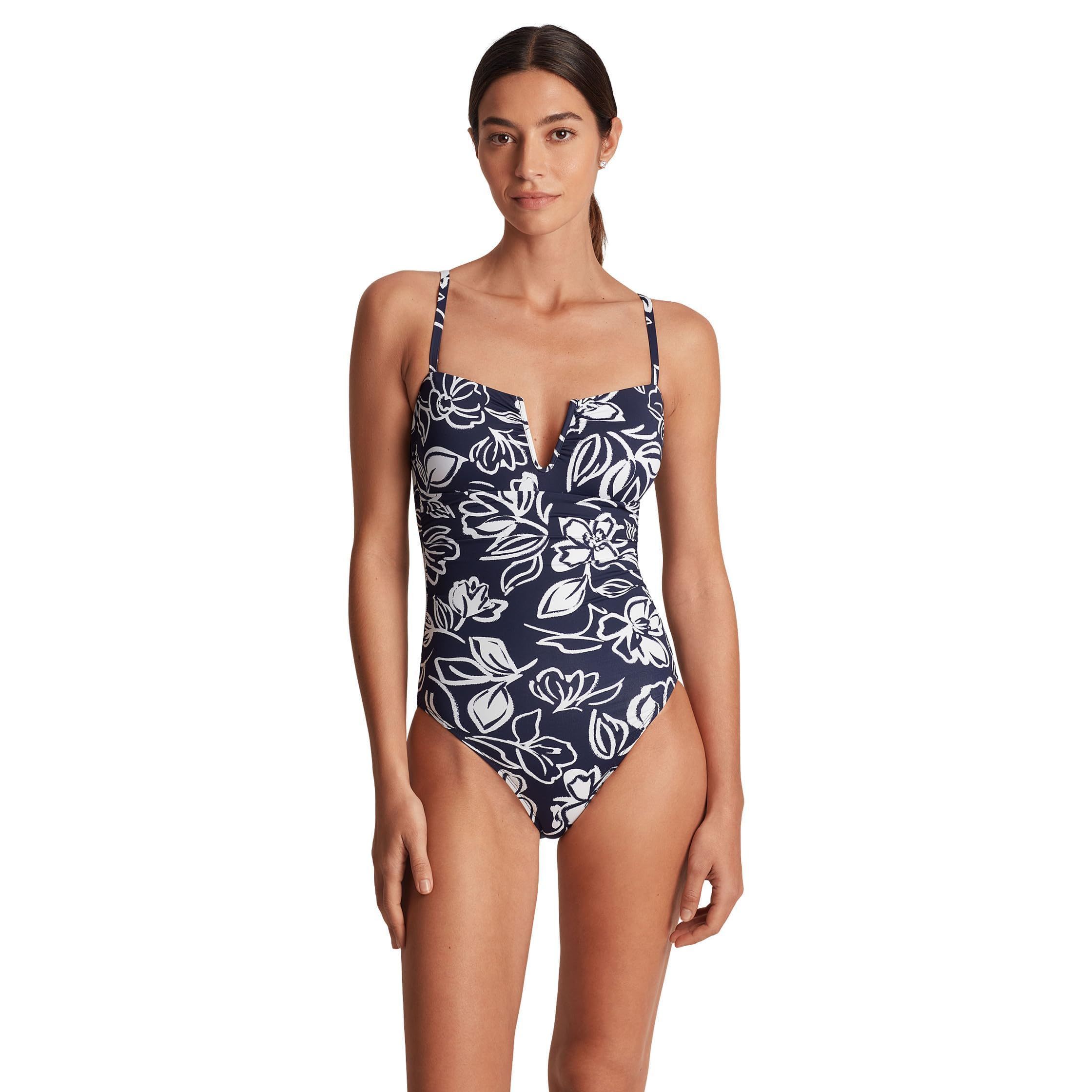 Lauren Ralph Lauren Allora Floral U Wire One-Piece Swimsuit Swim Blue White 10